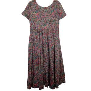 VINTAGE Knee Length Cottage Peasant Style A-Line Dress Floral Black Multi Sz S/M